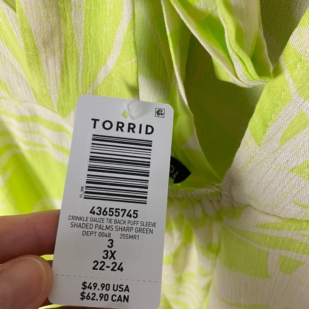 Torrid Crinkle Gauze Tie Back Puff Sleeve Top Womens 3X Neon Palm Print Tropical - Picture 5 of 7